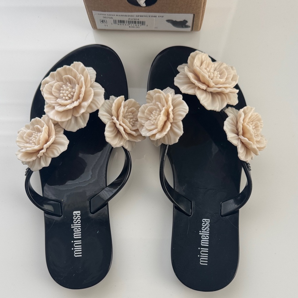 Mini Melissa Black Sandals with Cream Flowers